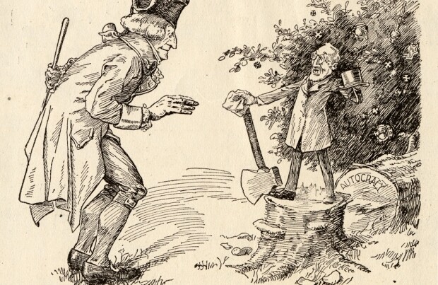 This cartoon uses the popular story of George Washington cutting down a cherry tree and depicts Wilson eliminating autocracy. February 22, 1919. CREDIT: <a href="https://hti.osu.edu/opper/lesson-plans/wilsons-14-points/images/father-i-cannot-tell-a-lie">B.H. Sanders</a> <a href"https://hti.osu.edu/opper/credits">(Opper Project)</a>