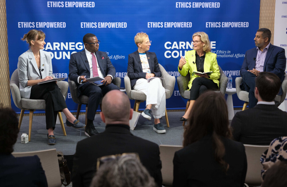 Left to Right: Eleonore Fournier-Tombs, Ambassador Chola Milambo, Ambassador Anna Karin Eneström, Doreen Bogdan-Martin, Vilas Dhar. CREDIT: Bryan Goldberg.