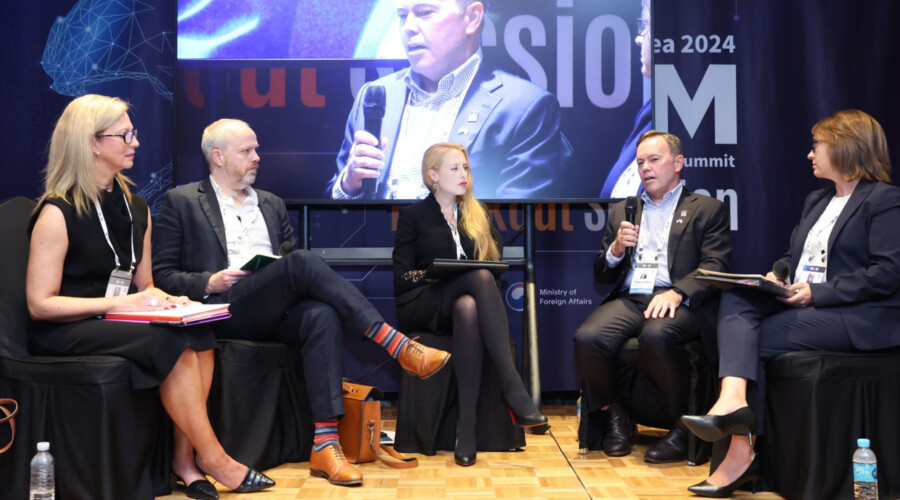 Left to Right: Toni Erskine, Kenneth Payne, Brianna Rosen, Paul Lyons, Tess Bridgeman at the REAIM Summit in Seoul, Sept. 9, 2024. CREDIT: REAIM Summit.