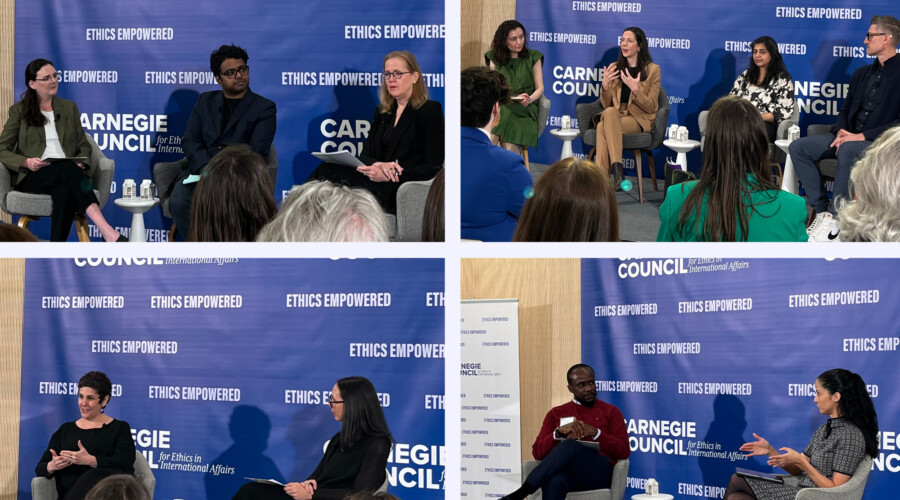 En el sentido de las agujas del reloj: Emily Kilcrease, Vishal Manve, Monica Duffy Toft, Kristina Arakelyan, Sophie Collyer, Niyati Parekh, Jacob Bastian, Victoria Malaney-Brown, Ebuka Okoli, Christine Jakobson, Yael Eisenstat. CRÉDITO: Noha Mahmoud.