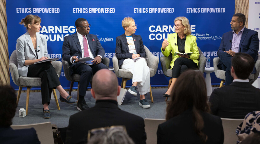 Left to Right: Eleonore Fournier-Tombs, Ambassador Chola Milambo, Ambassador Anna Karin Eneström, Doreen Bogdan-Martin, Vilas Dhar. CREDIT: Bryan Goldberg.