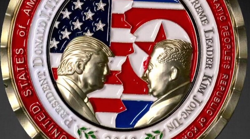 Commemorative medallion for the 2018 North Korea–United States summit issued by the White House Communications Agency. CREDIT: White House Communications Agency via <a href="https://commons.wikimedia.org/wiki/File:2018_Trump-Kim_summit_commemorative_coin.jpg">Wikipedia</a>