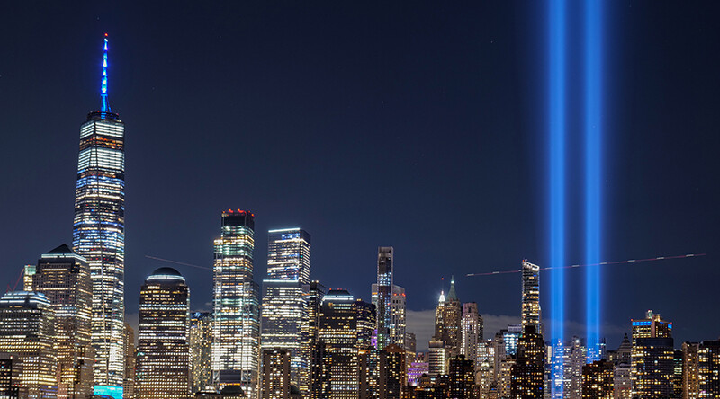 "Tribute in Light" commemorative art installation, September 11, 2020. CREDIT: <a href="https://flickr.com/photos/wasabi_bob/50342448667/">Wasabi Bob</a> <a href="https://creativecommons.org/licenses/by-nc-nd/2.0/">(CC)</a>.