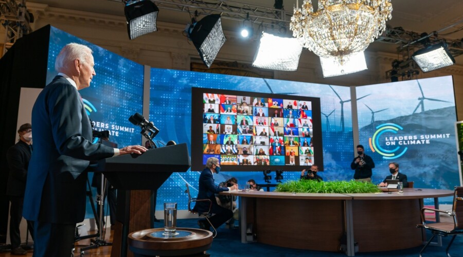 President Biden at the virtual Leaders Summit on Climate in April 2021, with Secretary Kerry and Secretary Blinken. CREDIT: The White House/Public Domain.